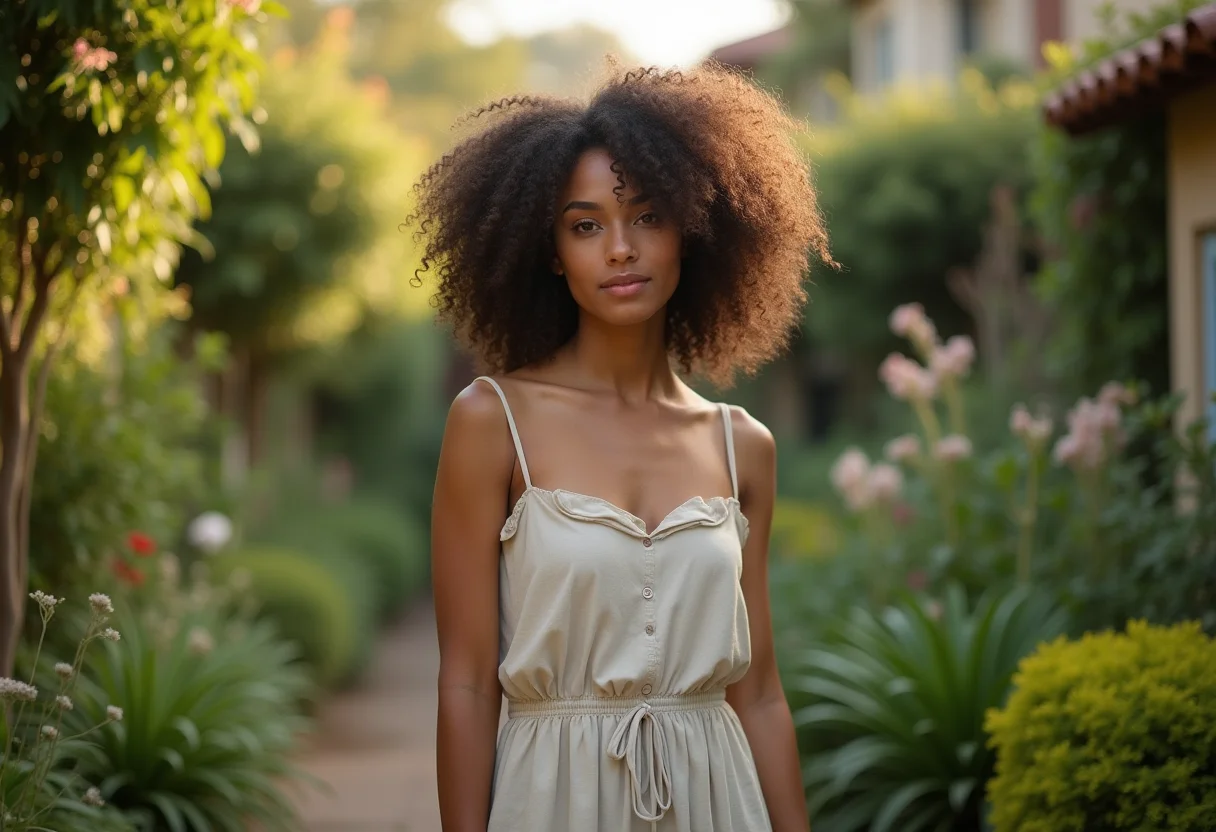 Revestimento para piso de quintal: o guia completo para não errar Mulher latina jovem em um jardim exuberante, vestindo vestido de linho.
