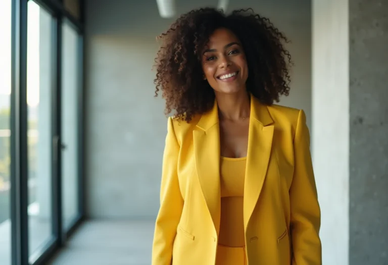 Mulher latina midsize usando blazer amarelo e calça de alfaiataria em ambiente de trabalho moderno