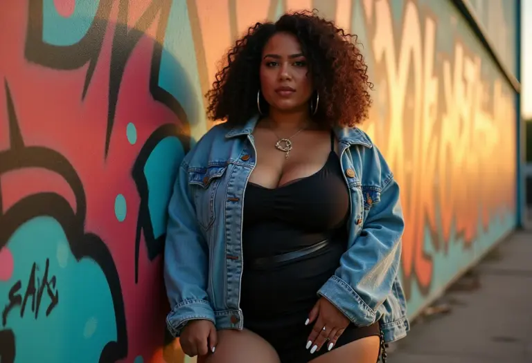 Mulher latina midsize usando jaqueta jeans oversized anos 80 com vestido preto e botas de salto