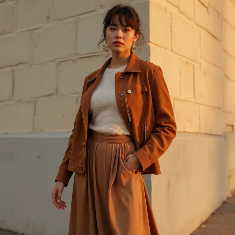 Mulher latina midsize usando saia midi de seda com jaqueta de camurça.