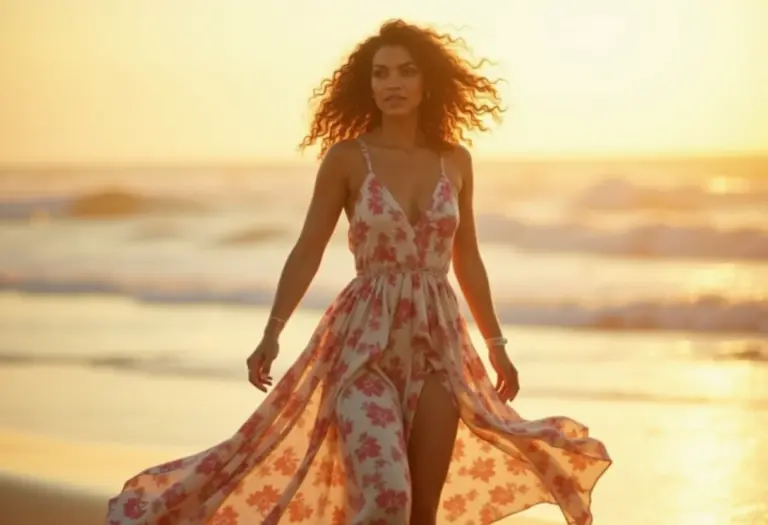 Mulher latina midsize usando vestido longo boho chic florido na praia ao pôr do sol