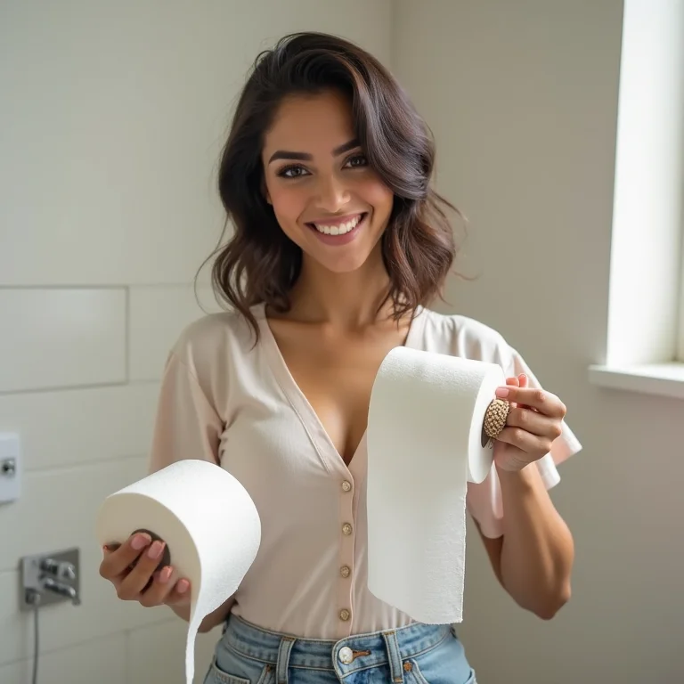 Mulher latina orgulhosa de seu suporte de papel higiênico de macramê artesanal