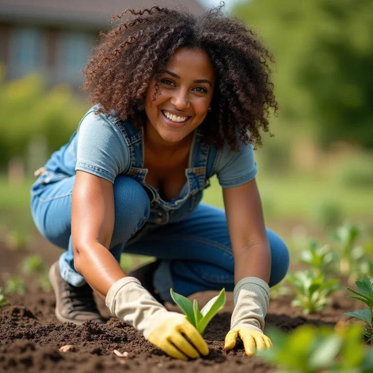Mulher latina plantando sementes de mangarito amarelo em um jardim ensolarado.