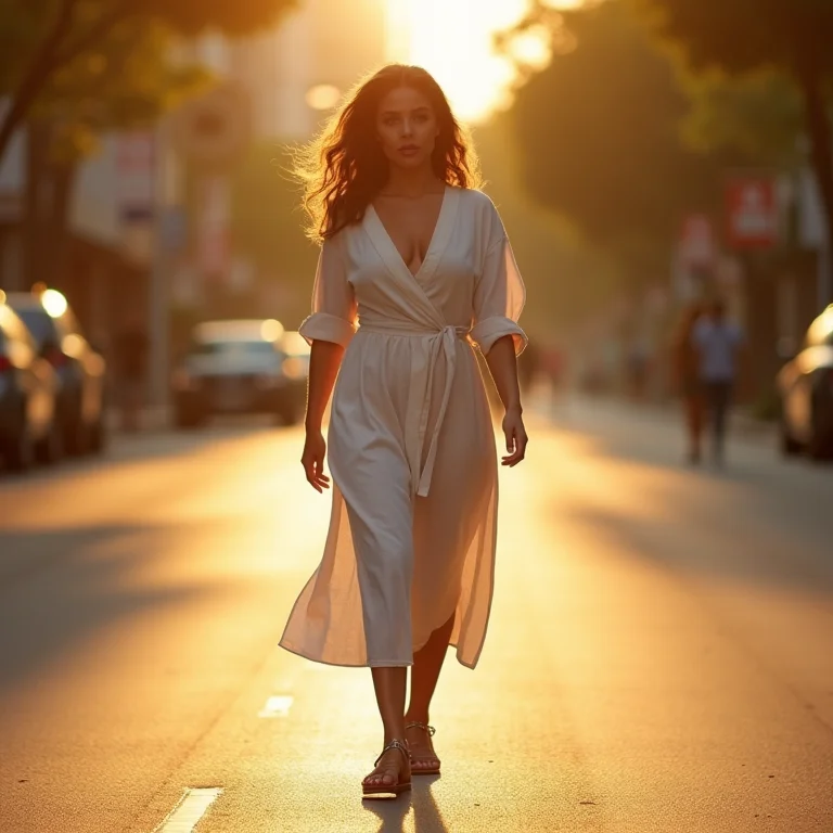 Mulher latina plus size vestindo um vestido de linho com sandálias em uma rua ensolarada