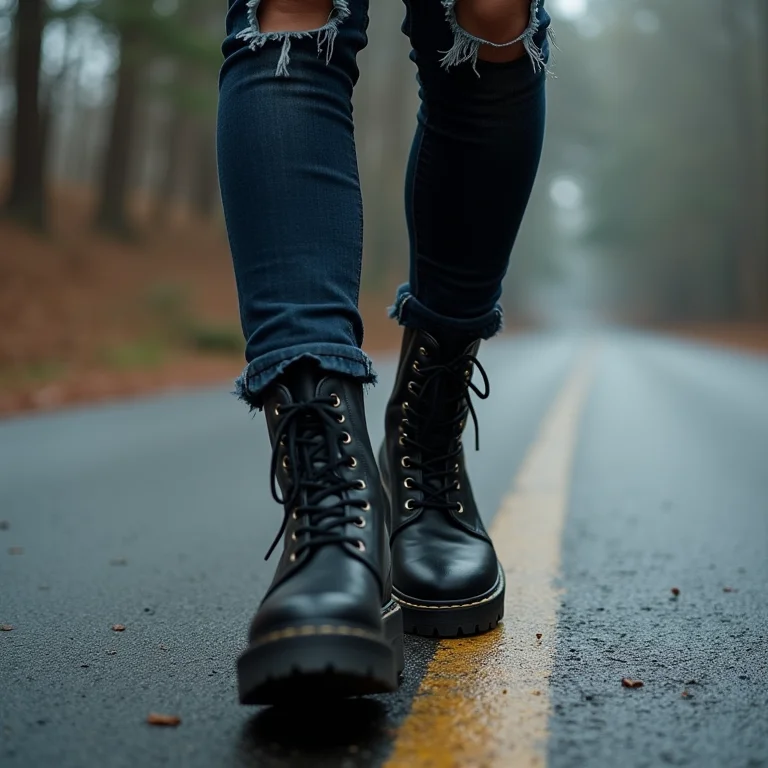 Mulher latina usando coturnos pretos e calça jeans rasgada