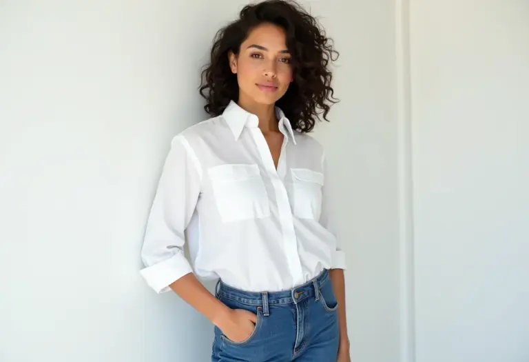 Mulher latina vestindo camisa social branca de algodão com jeans de cintura alta