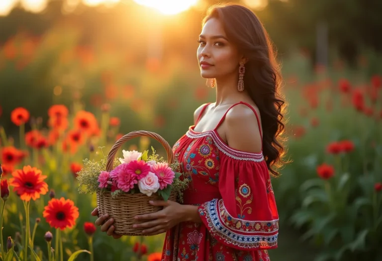 Mulher latina vestindo vestido bordado colorido inspirado em arte popular em um jardim vibrante