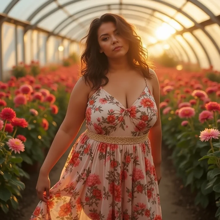 Mulher latina vestindo vestido floral com estampa de crisântemo em estufa