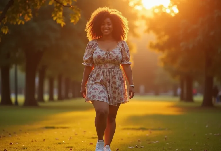 Mulher latina vestindo vestido floral curto com mangas bufantes e tênis branco