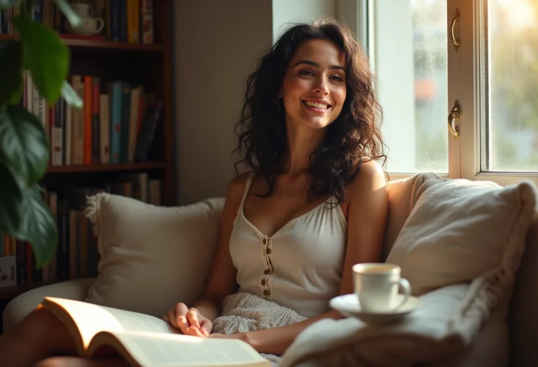 Mulher lendo rodeada de livros em ambiente acolhedor