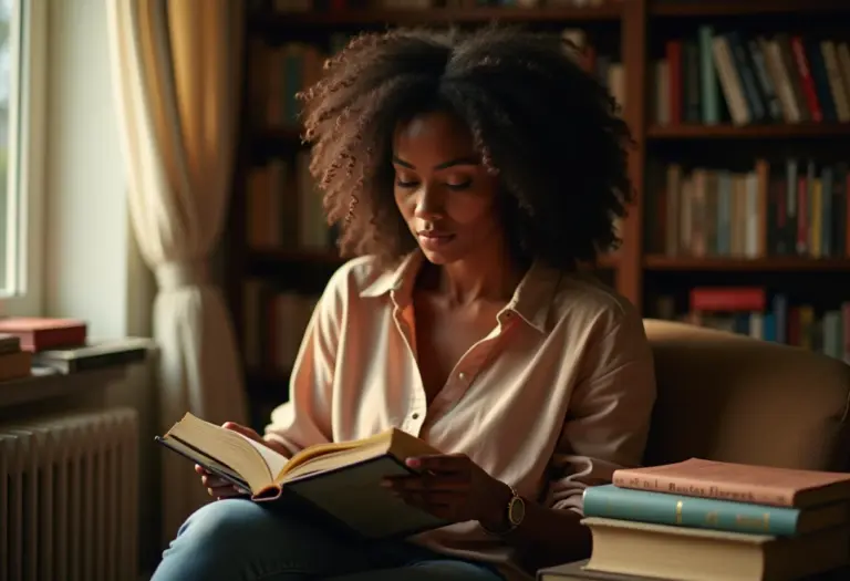 Mulher lendo um livro em um ambiente acolhedor e iluminado