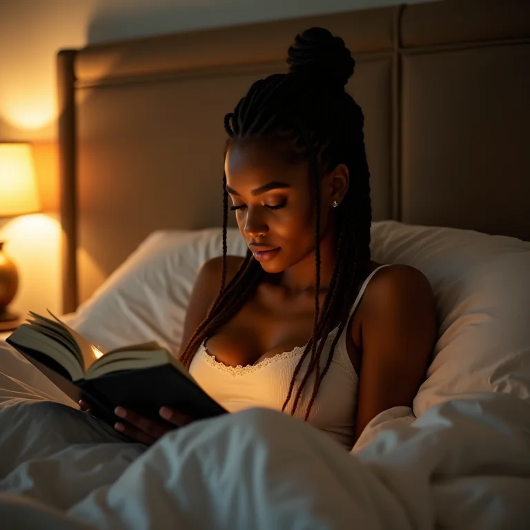 Mulher lendo um livro na cama com uma luminária suave