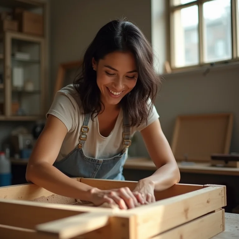 Mulher lixando caixote de madeira para projeto DIY.