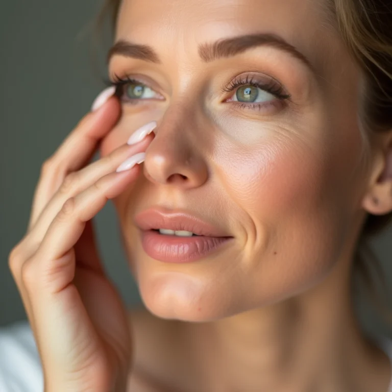Mulher madura aplicando creme para área dos olhos