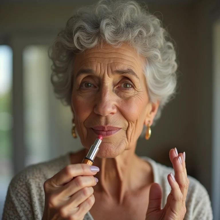 Mulher madura aplicando gloss labial com naturalidade.