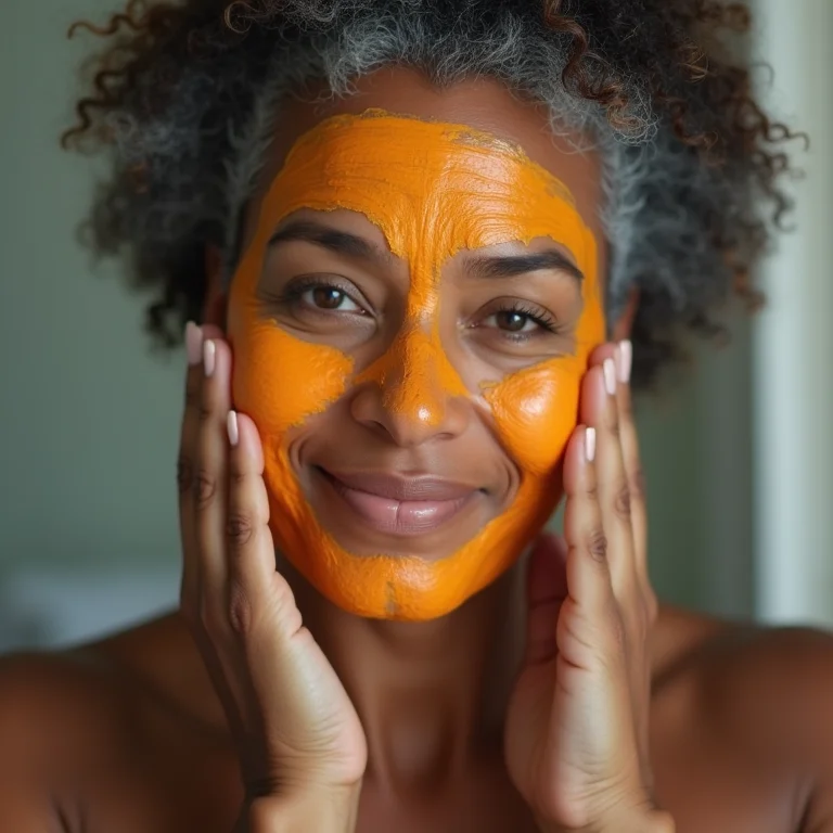 Mulher madura aplicando máscara facial de batata doce caseira