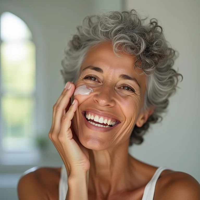 Mulher madura aplicando óleo de coco no rosto como hidratante.