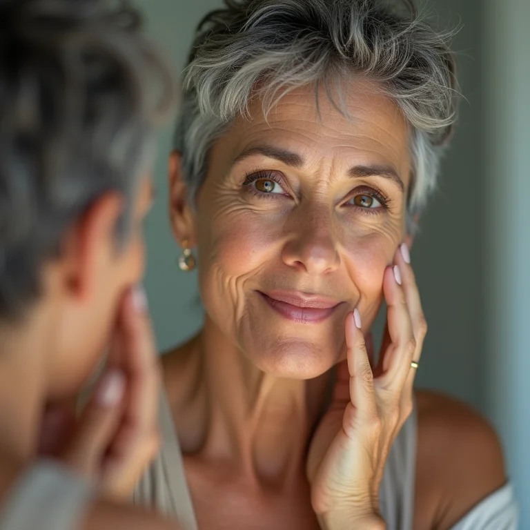 Mulher madura aplicando primer no rosto com foco na textura da pele.