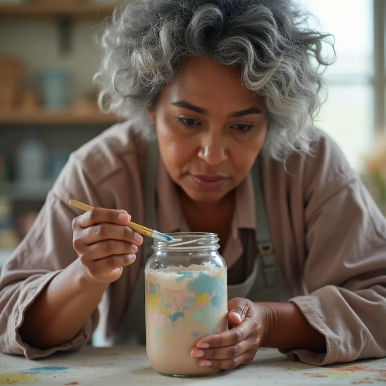 Mulher madura aplicando selante em pote de vidro pintado.