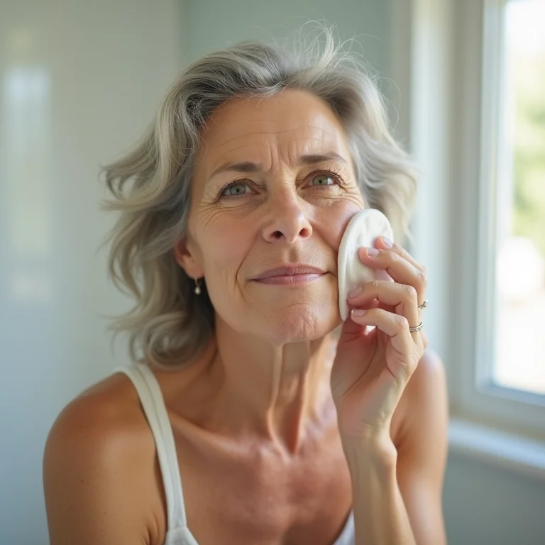 Mulher madura aplicando tônico facial de vinagre de maçã