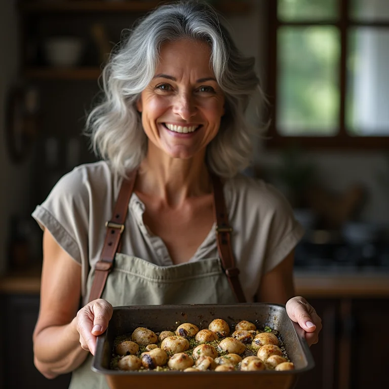 Mulher madura assando cogumelos Paris com azeite e ervas.