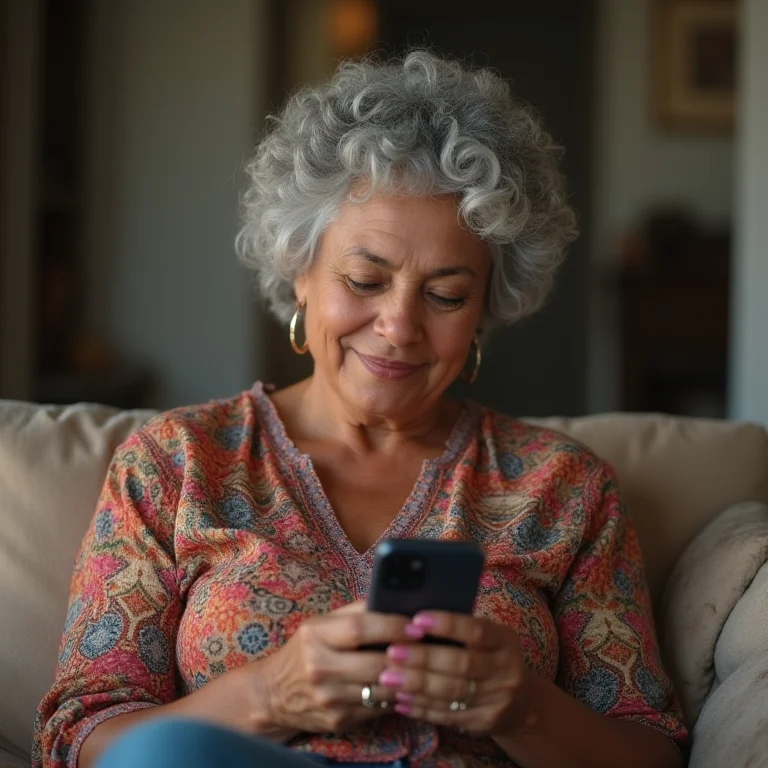 Mulher madura assistindo vídeos curtos no TikTok.