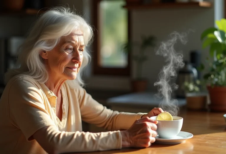 Mulher madura bebendo chá de assa peixe com limão em cozinha iluminada.