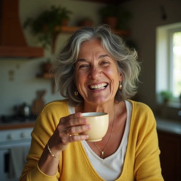 Mulher madura bebendo chá de urtiga para fortalecer a imunidade