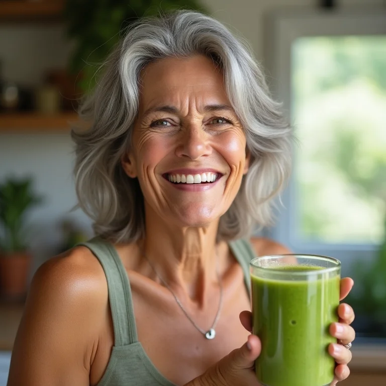 Mulher madura bebendo smoothie verde detox