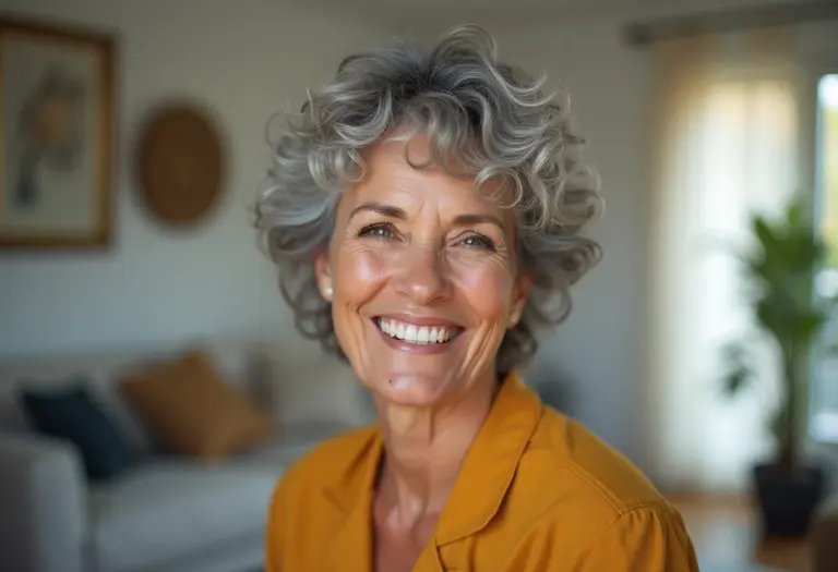 Mulher madura brasileira com cabelos grisalhos cacheados sorrindo