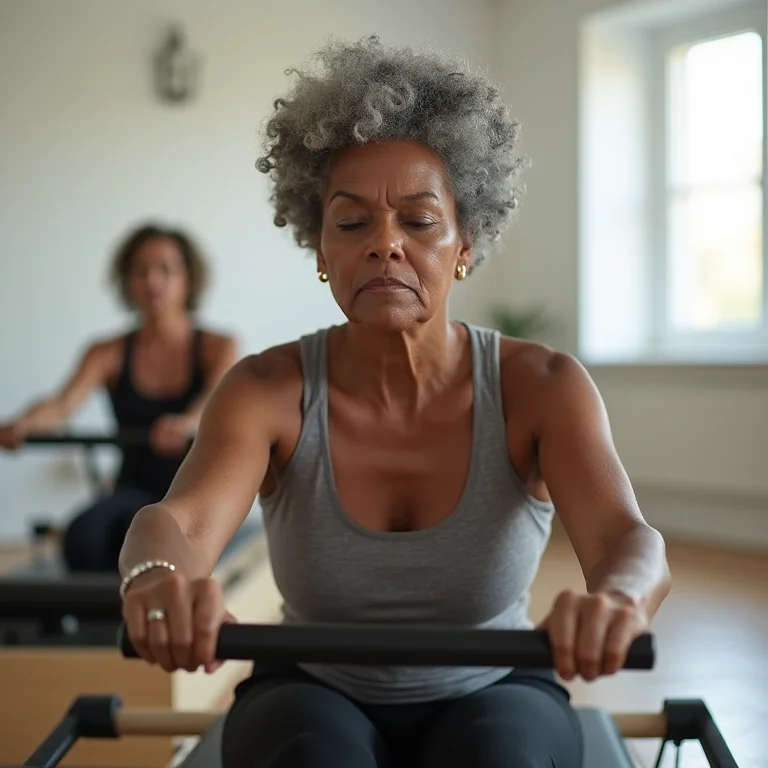 Mulher madura brasileira fazendo pilates em reformer