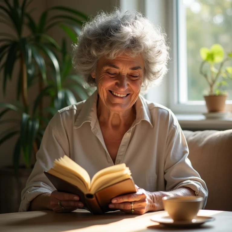 Mulher madura brasileira sorrindo enquanto toma chá de guaco e lê um livro.