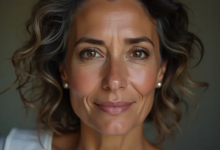 Mulher madura brasileira transmitindo serenidade e compreensão.