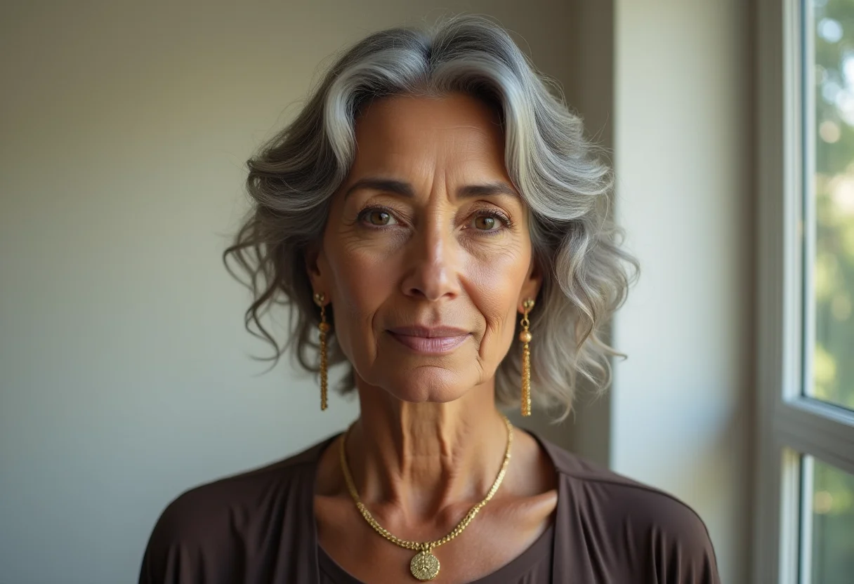 Mulher madura brasileira usando biojoias douradas