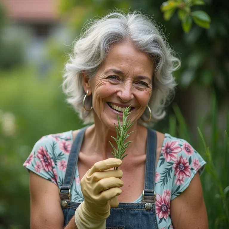 Mulher madura cheirando alecrim no jardim