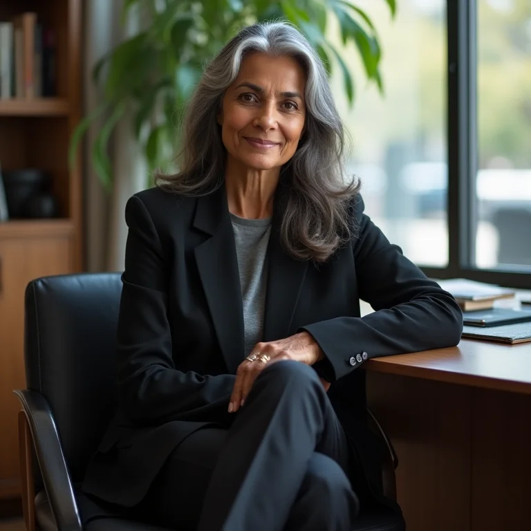 Mulher madura com blazer preto, camiseta de banda e calças de alfaiataria