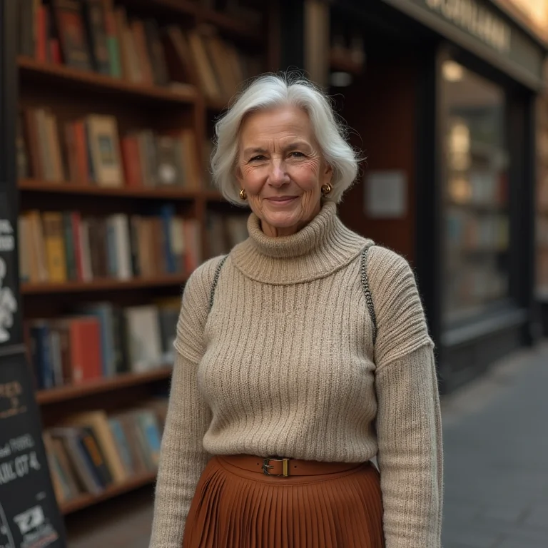 Mulher madura com saia midi plissada e suéter de tricô em frente a livraria vintage