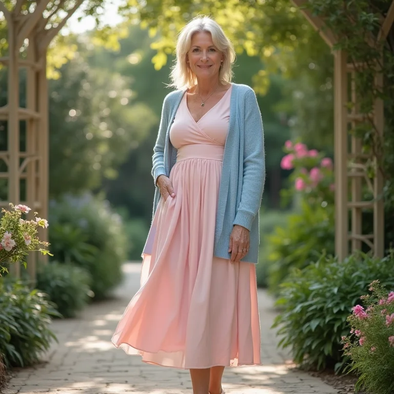 Mulher madura com silhueta oval vestindo vestido midi rosa pastel e cardigan azul bebê.