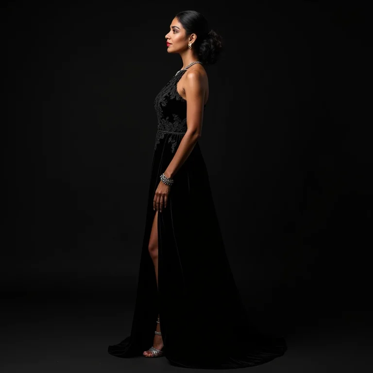 Mulher madura com vestido de veludo preto e joias de prata em look noturno elegante