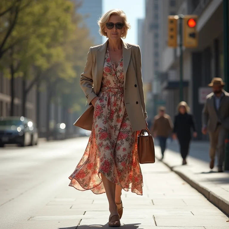 Mulher madura com vestido floral, blazer e mocassins a caminho do trabalho