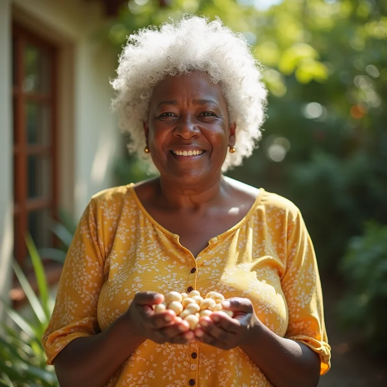 Mulher madura comendo nozes de macadâmia no jardim