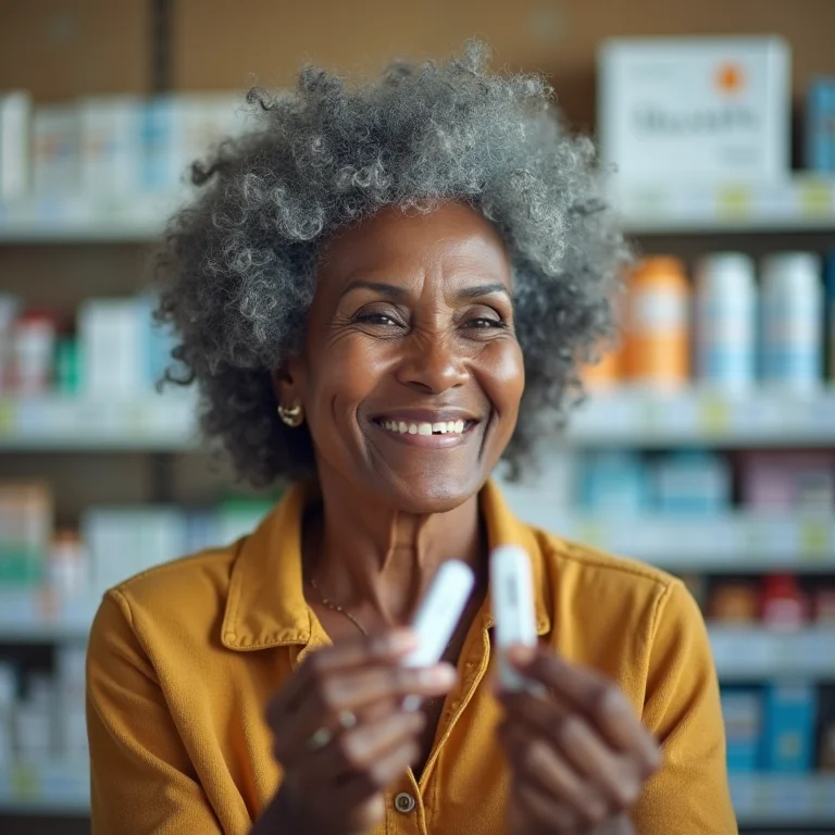 Mulher madura comparando testes de gravidez na farmácia.