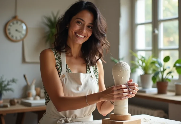 Mulher madura criando escultura de papel machê em estúdio