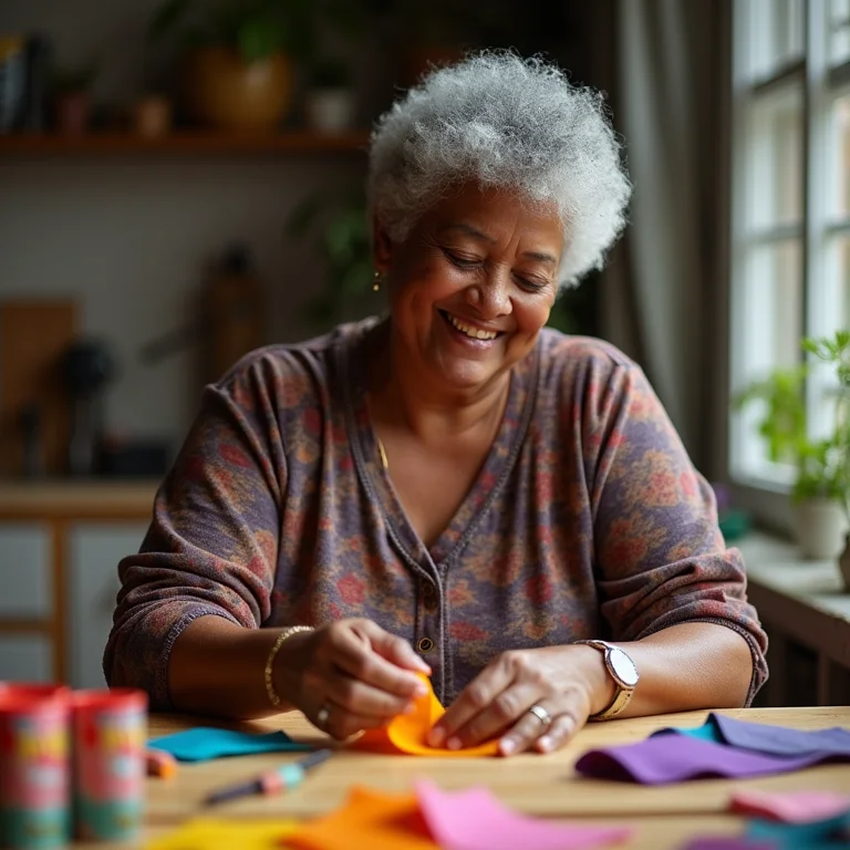 Mulher madura criando porta-lápis com feltro.