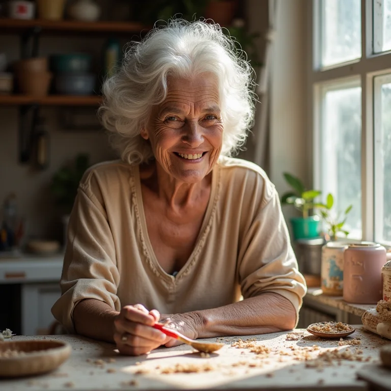Mulher madura criando um abajur texturizado com colheres plásticas.