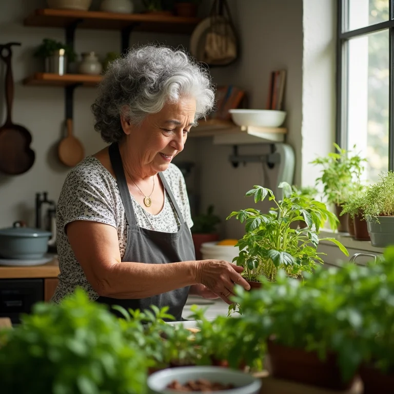 Mulher madura cuidando de horta em cantinho temático.