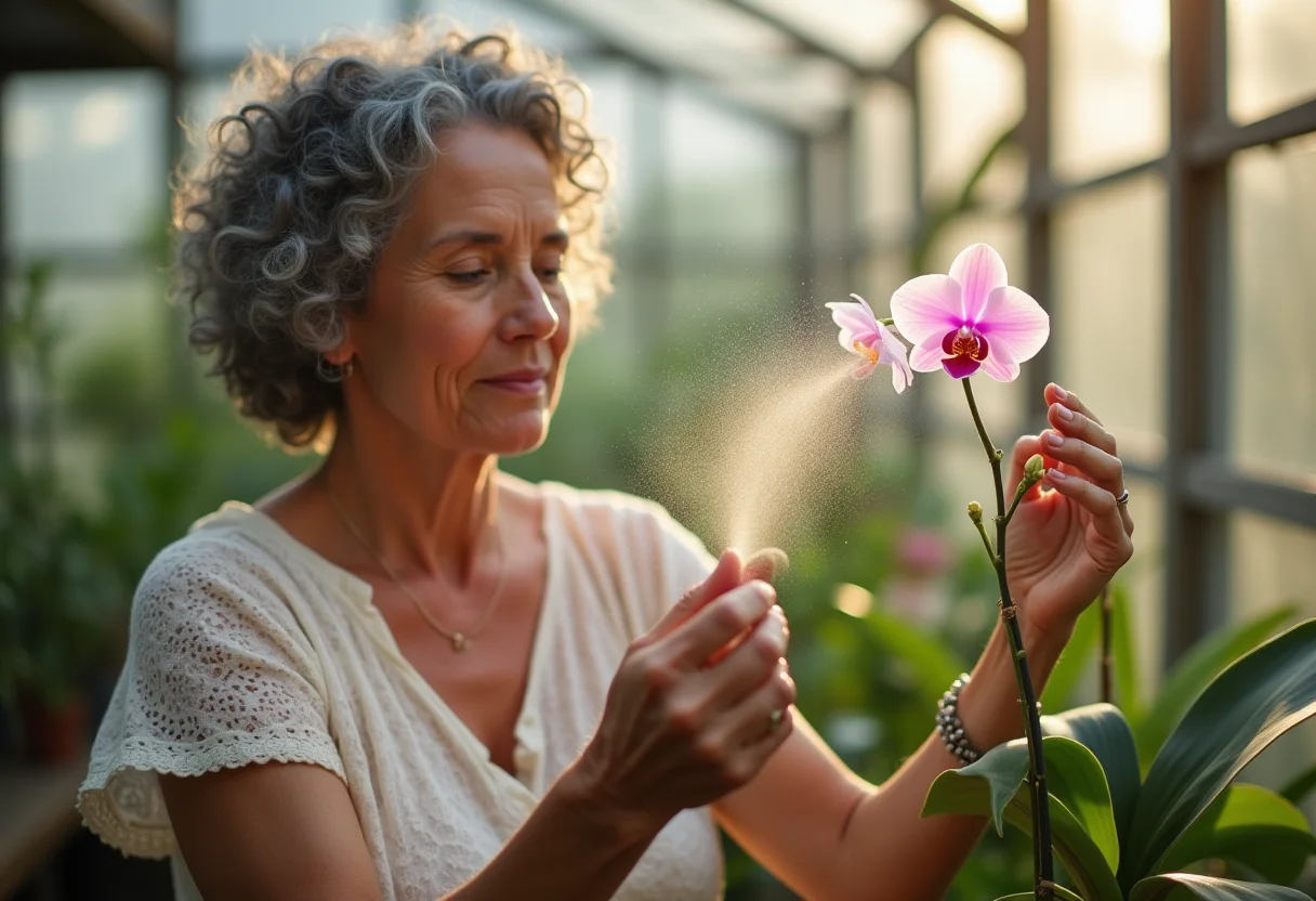Orquídeas exuberantes: Guia definitivo de como cuidar (de verdade) Mulher madura cuidando de orquídea em estufa ensolarada