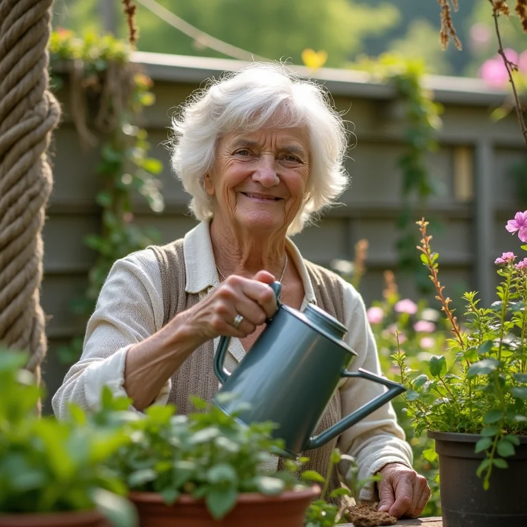 Mulher madura cuidando de plantas em frente a cerca de corda náutica