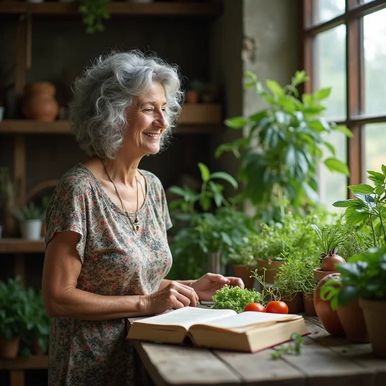 Mulher madura cuidando de sua horta com alegria