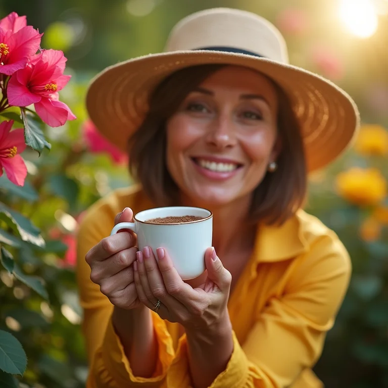 Mulher madura cuidando de suas bougainvilleas com borra de café